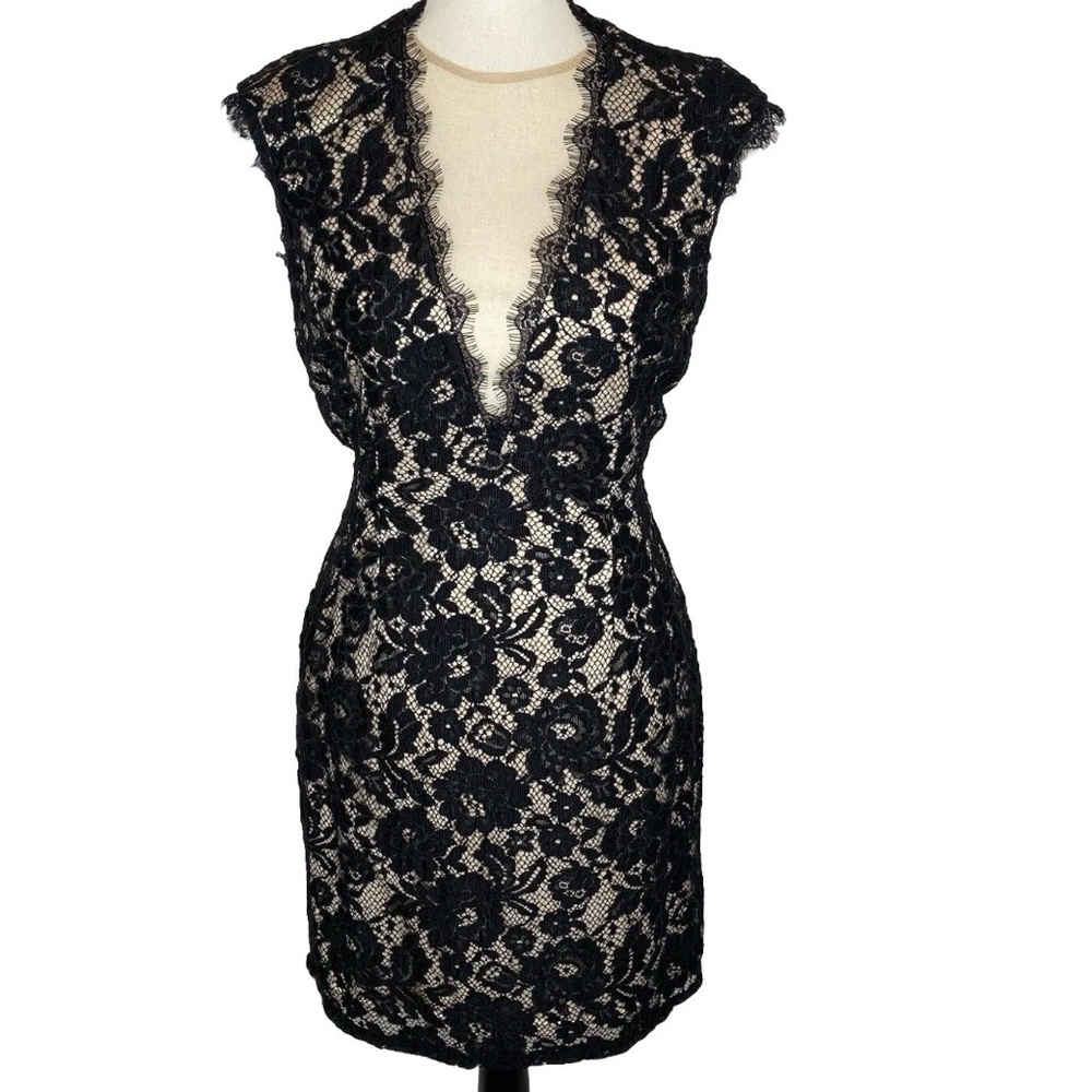 Aidan by Aidan Mattox Black Lace Mini Dress with Nude Lining